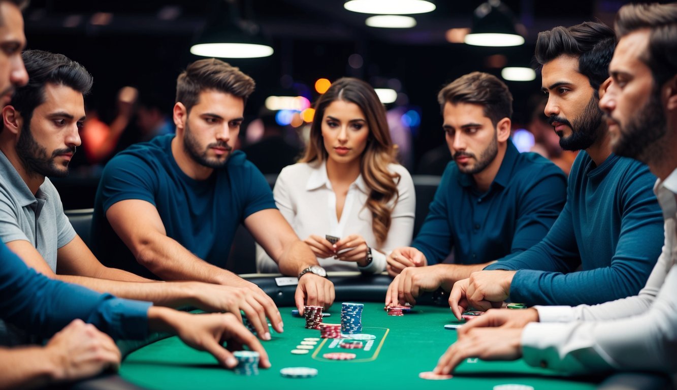 En grupp spelare sitter runt ett pokerbord med grönt filttyg, med marker och kort i handen, med intensiva uttryck när de fokuserar på spelet.